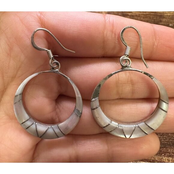 Sterling Silver & Mother of Pearl Round Circle Dangle Pierced Hook Earrings! 25 - Picture 7 of 7